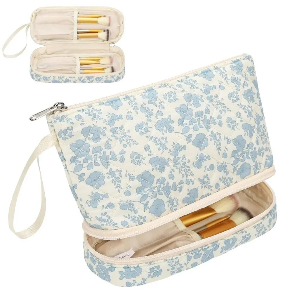 Small , 2 Layers Travel Make up Organizer Bag with Makeup Brush Holder, Portable